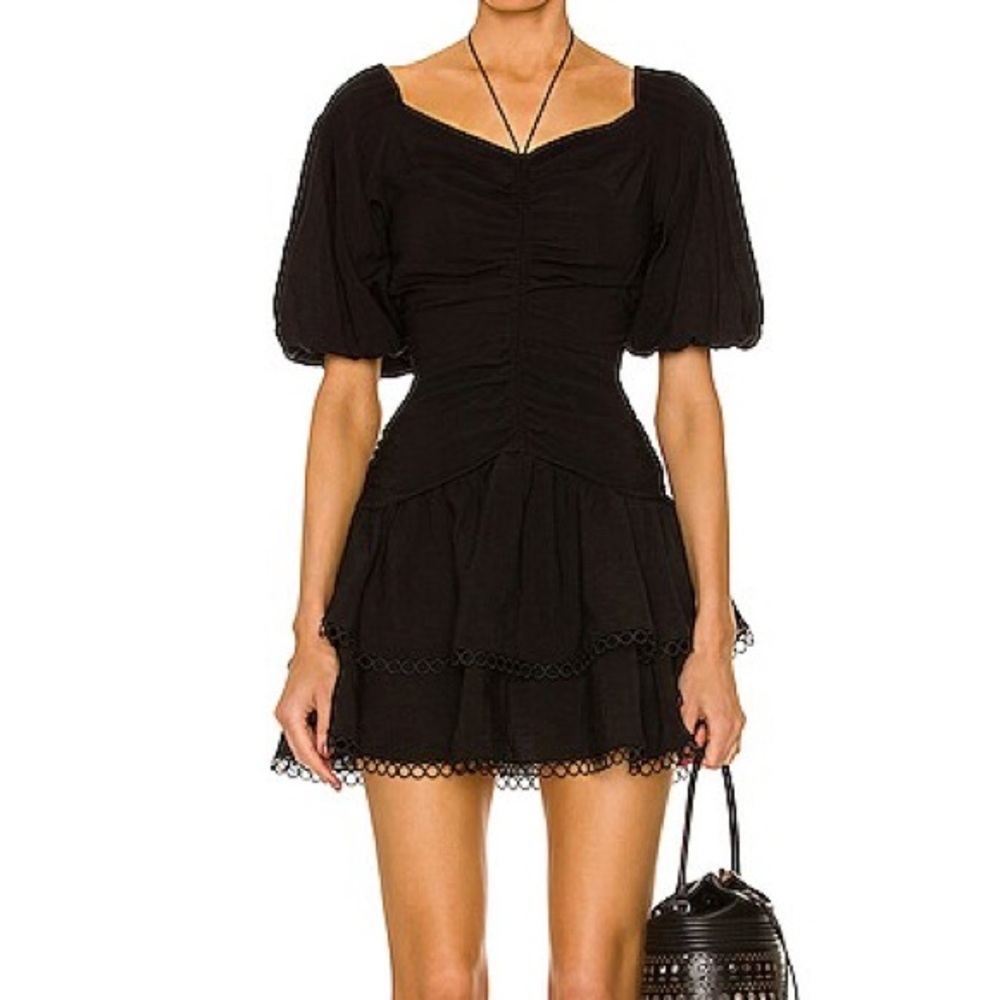 Jonathan Simkhai Auden Mini Dress Black Tiered Ruffle Puff Sleeve